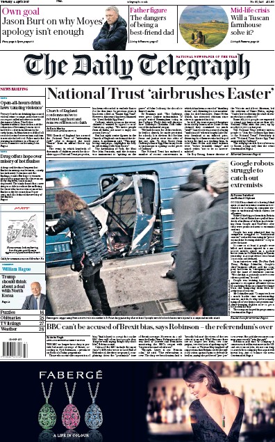 The Daily Telegraph Newspaper Front Page (UK) for 4 April 2017