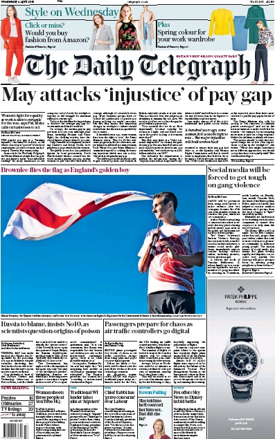 The Daily Telegraph Newspaper Front Page (UK) for 4 April 2018