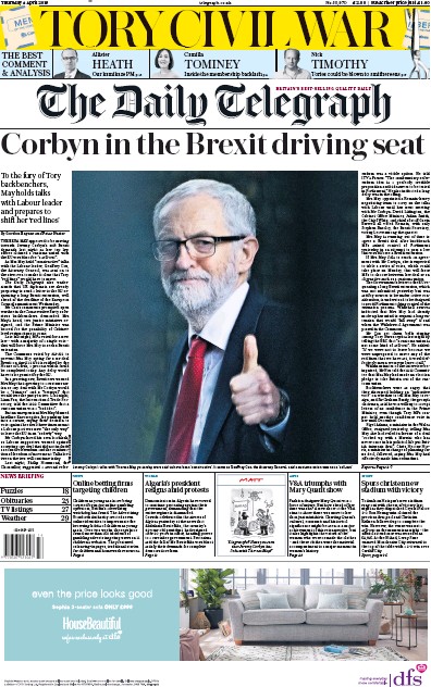 The Daily Telegraph Newspaper Front Page (UK) for 4 April 2019