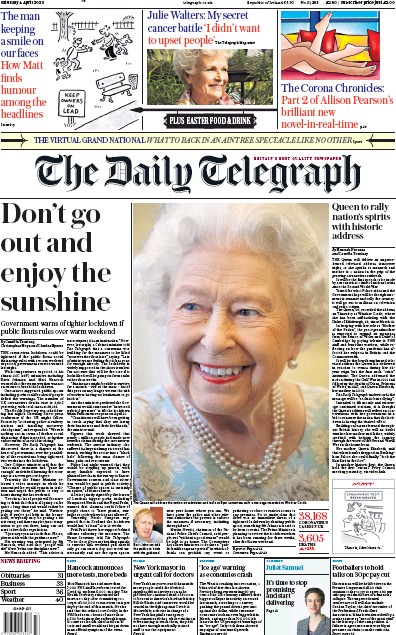 The Daily Telegraph Newspaper Front Page (UK) for 4 April 2020