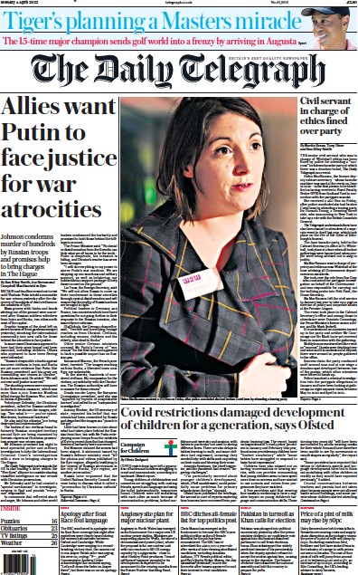 The Daily Telegraph Newspaper Front Page (UK) for 4 April 2022