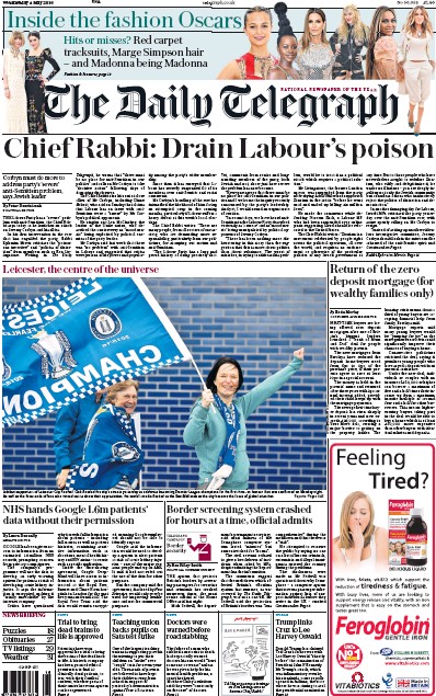 The Daily Telegraph Newspaper Front Page (UK) for 4 May 2016
