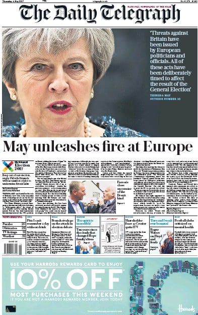 The Daily Telegraph Newspaper Front Page (UK) for 4 May 2017