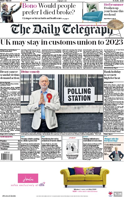 The Daily Telegraph Newspaper Front Page (UK) for 4 May 2018