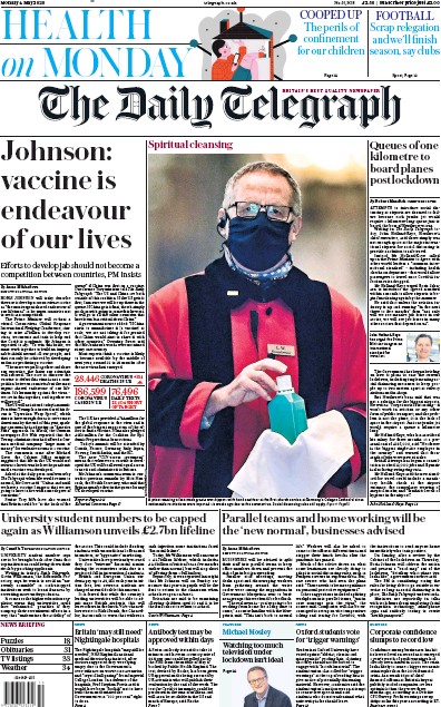 The Daily Telegraph Newspaper Front Page (UK) for 4 May 2020