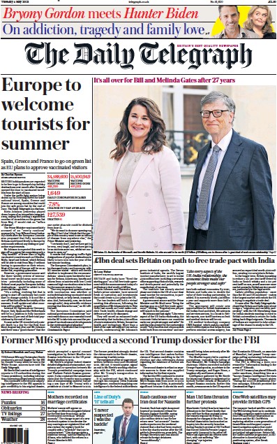 The Daily Telegraph Newspaper Front Page (UK) for 4 May 2021