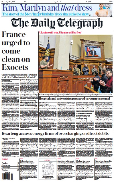 The Daily Telegraph Newspaper Front Page (UK) for 4 May 2022