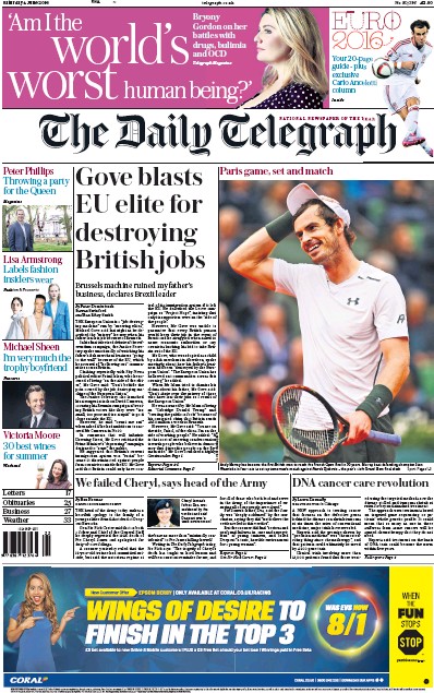 The Daily Telegraph Newspaper Front Page (UK) for 4 June 2016