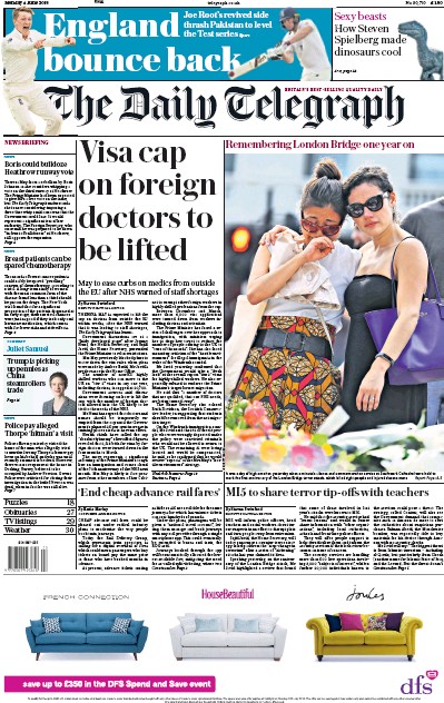 The Daily Telegraph Newspaper Front Page (UK) for 4 June 2018