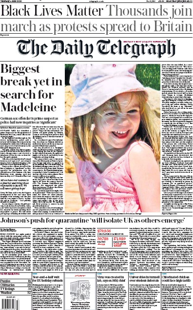 The Daily Telegraph Newspaper Front Page (UK) for 4 June 2020