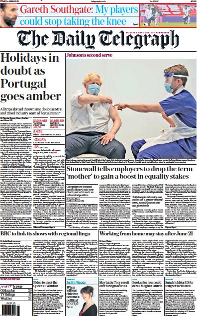 The Daily Telegraph Newspaper Front Page (UK) for 4 June 2021