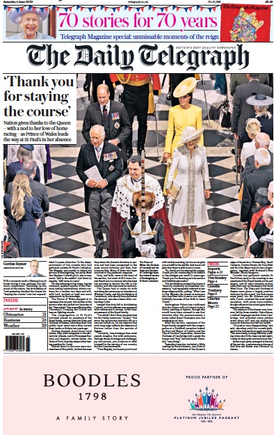 The Daily Telegraph Newspaper Front Page (UK) for 4 June 2022