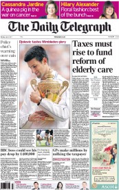 The Daily Telegraph Newspaper Front Page (UK) for 4 July 2011