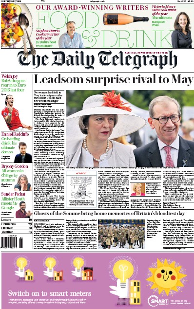 The Daily Telegraph Newspaper Front Page (UK) for 4 July 2016