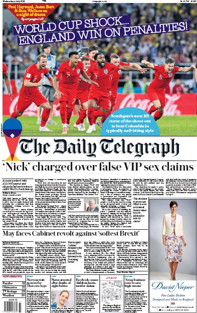The Daily Telegraph Newspaper Front Page (UK) for 4 July 2018