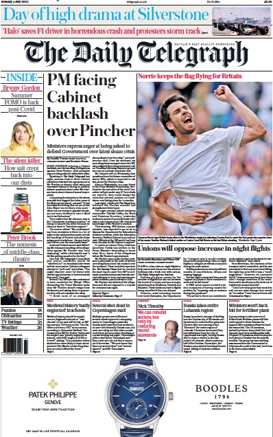 The Daily Telegraph Newspaper Front Page (UK) for 4 July 2022