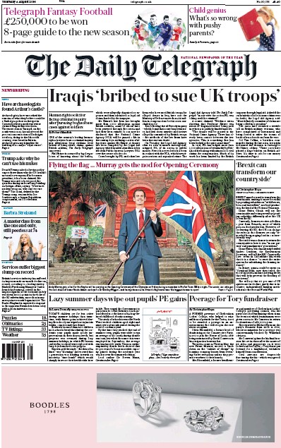 The Daily Telegraph Newspaper Front Page (UK) for 4 August 2016