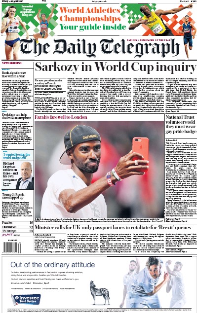 The Daily Telegraph Newspaper Front Page (UK) for 4 August 2017