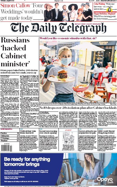 The Daily Telegraph Newspaper Front Page (UK) for 4 August 2020