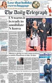 The Daily Telegraph (UK) Newspaper Front Page for 4 September 2017