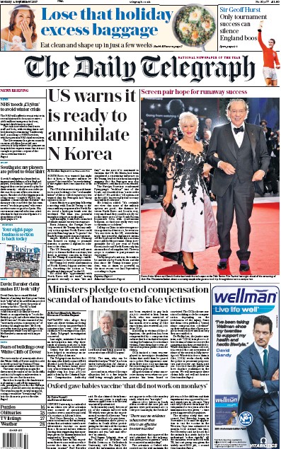 The Daily Telegraph Newspaper Front Page (UK) for 4 September 2017