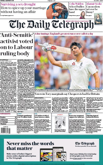 The Daily Telegraph Newspaper Front Page (UK) for 4 September 2018