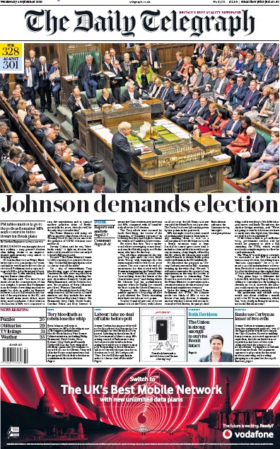 The Daily Telegraph Newspaper Front Page (UK) for 4 September 2019