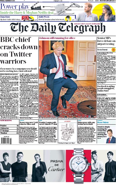 The Daily Telegraph Newspaper Front Page (UK) for 4 September 2020