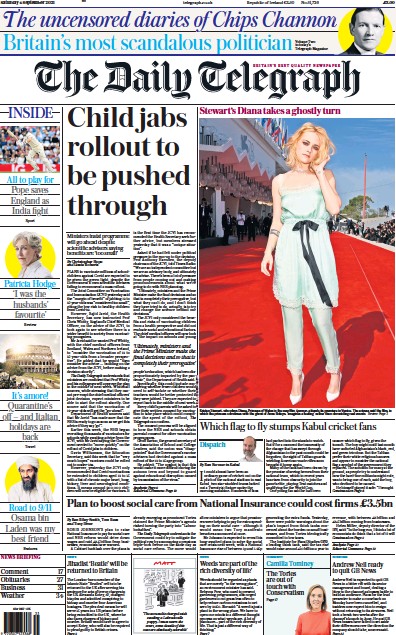 The Daily Telegraph Newspaper Front Page (UK) for 4 September 2021