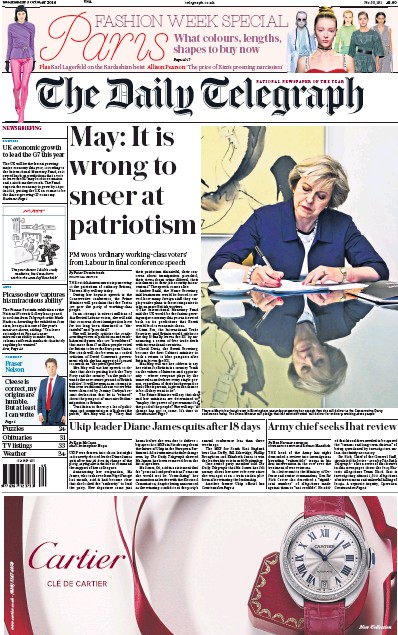 The Daily Telegraph Newspaper Front Page (UK) for 5 October 2016