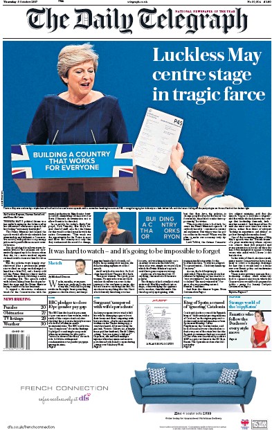 The Daily Telegraph Newspaper Front Page (UK) for 5 October 2017