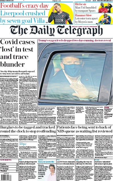 The Daily Telegraph Newspaper Front Page (UK) for 5 October 2020