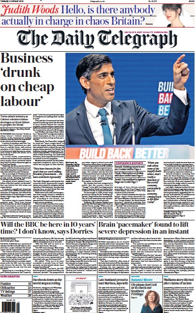 The Daily Telegraph Newspaper Front Page (UK) for 5 October 2021
