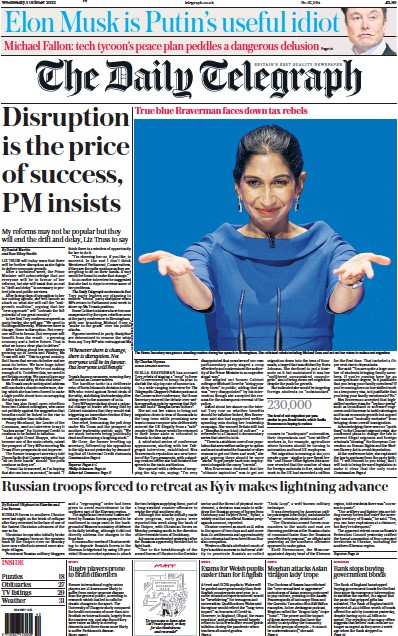 The Daily Telegraph Newspaper Front Page (UK) for 5 October 2022