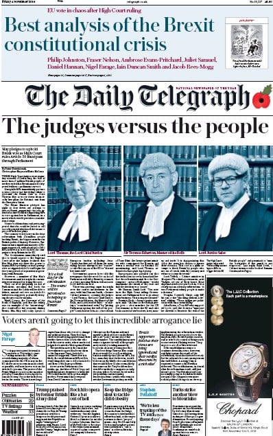The Daily Telegraph Newspaper Front Page (UK) for 5 November 2016