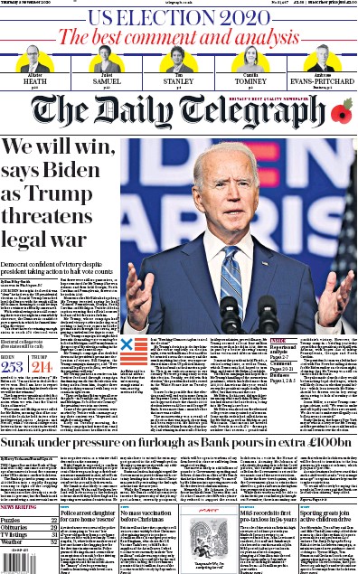 The Daily Telegraph Newspaper Front Page (UK) for 5 November 2020