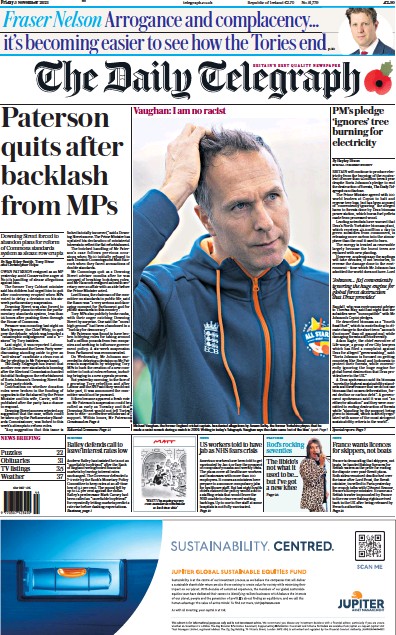 The Daily Telegraph Newspaper Front Page (UK) for 5 November 2021