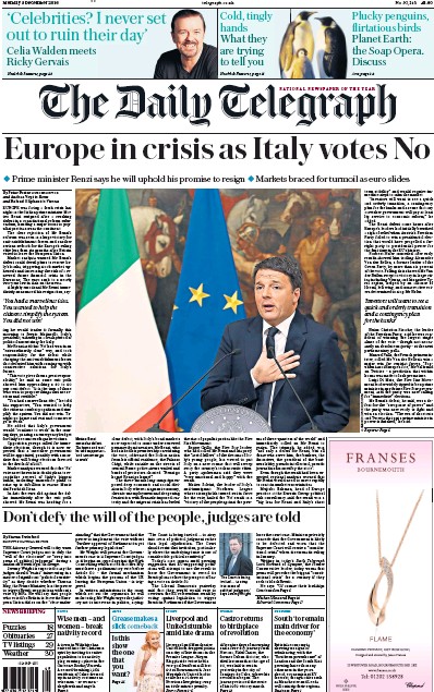 The Daily Telegraph Newspaper Front Page (UK) for 5 December 2016