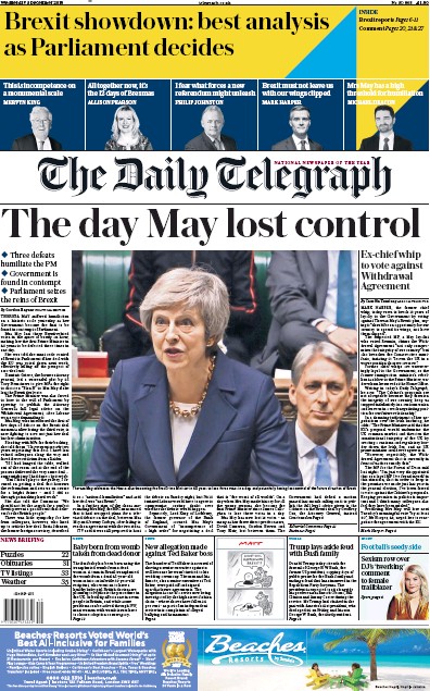 The Daily Telegraph Newspaper Front Page (UK) for 5 December 2018