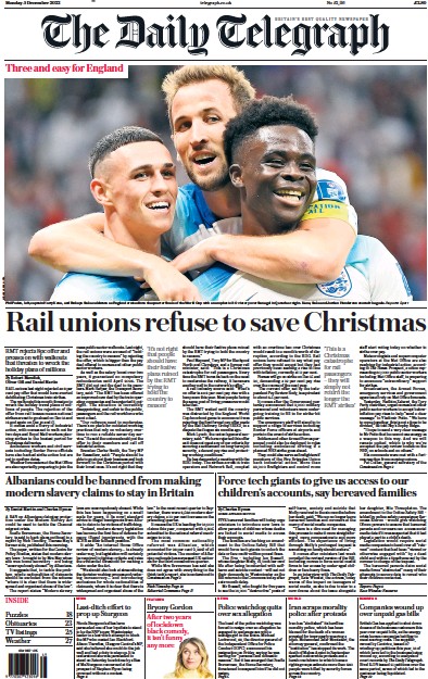 The Daily Telegraph Newspaper Front Page (UK) for 5 December 2022