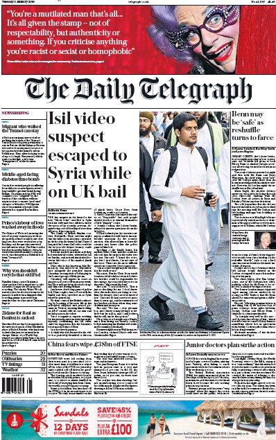 The Daily Telegraph Newspaper Front Page (UK) for 5 January 2016