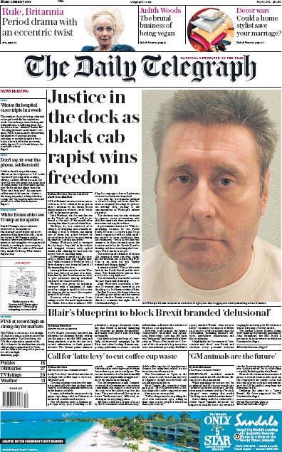 The Daily Telegraph Newspaper Front Page (UK) for 5 January 2018