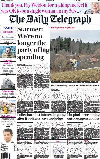 The Daily Telegraph Newspaper Front Page (UK) for 5 January 2023
