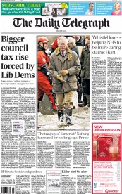 The Daily Telegraph Newspaper Front Page (UK) for 5 February 2014