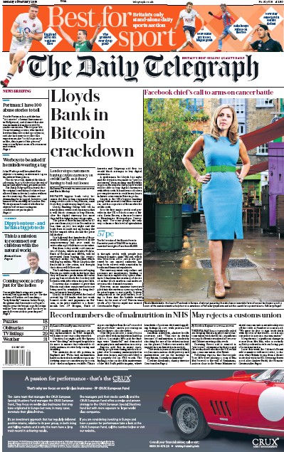 The Daily Telegraph Newspaper Front Page (UK) for 5 February 2018