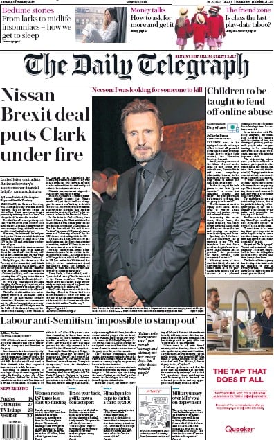 The Daily Telegraph Newspaper Front Page (UK) for 5 February 2019