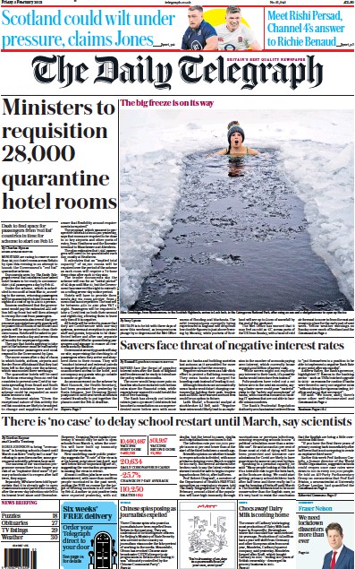 The Daily Telegraph Newspaper Front Page (UK) for 5 February 2021
