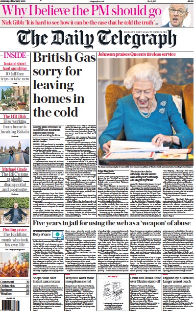 The Daily Telegraph Newspaper Front Page (UK) for 5 February 2022