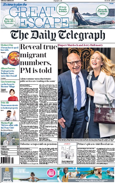 The Daily Telegraph Newspaper Front Page (UK) for 5 March 2016
