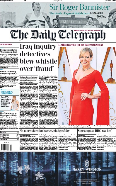 The Daily Telegraph Newspaper Front Page (UK) for 5 March 2018